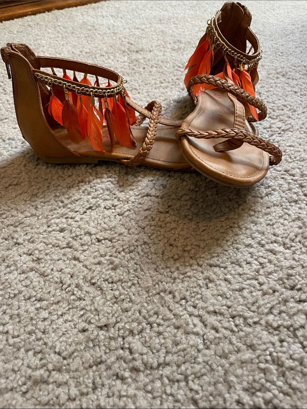 BONGO Women’s Tan Braided Gladiator Sandals with Orange Feather Accents